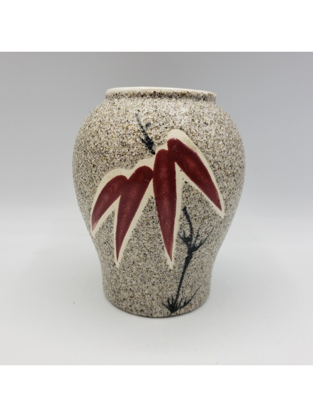 Art Pottery Vase Red Bamboo Leaves Asian MCM Sandy Texture 5.5"